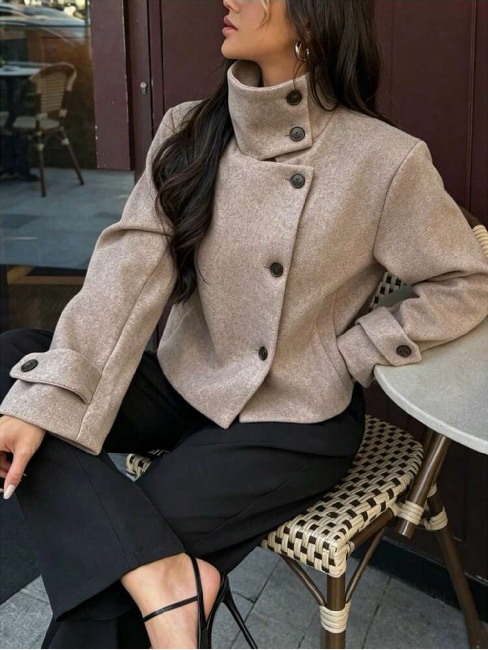 Zara High Collar Asymmetric Funnel Neck  Short Coat Jacket Beige Grey Small